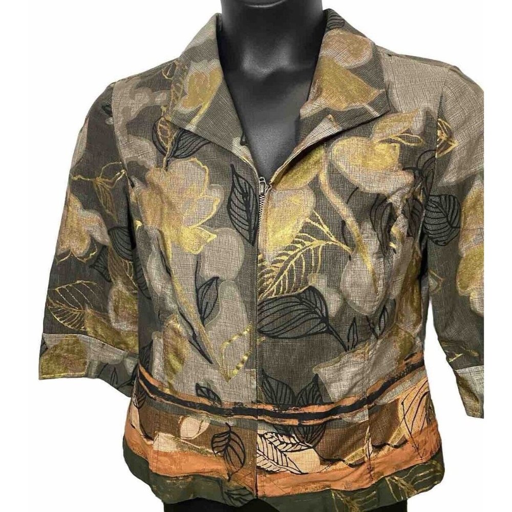 Coldwater Creek Womans Brown Size 14P Gold Botanical Leaf Zip Blazer Unlined